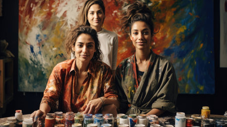 Friends create art in quiet setting.の素材