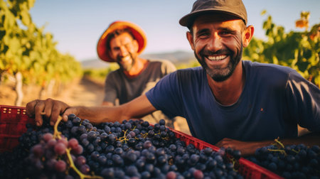 Friends laugh in grape vineyard.の素材