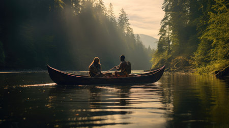 Friends paddle in calm waters.の素材