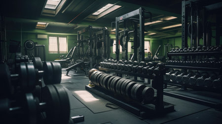 Gym floor with weightlifting equipment. No individuals present.の素材