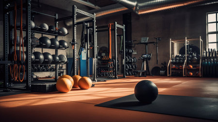 Functional training area: ropes plyometric boxes medicine balls. No individuals present.の素材