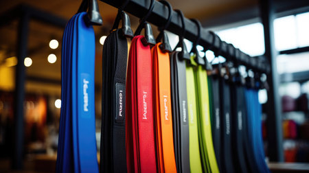 Resistance bands hung neatly in gym. Not individuals.の素材