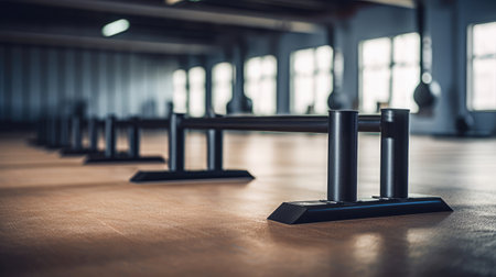 Parallettes on clean gym floor. Not individuals.の素材