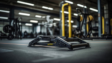Sled push machine in gym with no individuals in sight.の素材