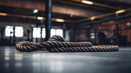 Battle rope anchor fastened to gym floor with neatly coiled rope no individuals.の素材