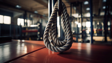 Climbing rope secured to gym ceiling no people.の素材