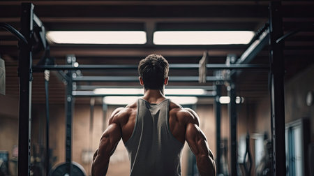 Person doing pull-ups in an organized gymの素材