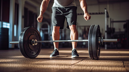 Person performing deadlift barbell loaded with weights showcasing strength and focus well-lit section of the gymの素材
