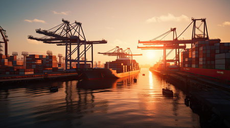 Shipping Port at Sunrise: Cargo Ships Docked Cranes Unloading Containersの素材