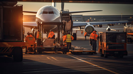 Airport Cargo Area: Plans Being Loaded with Containers by Ground Crewsの素材