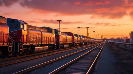 Train Yard at Dusk: Freight Trains Lined Up Ready for Cross-Country Transportの素材