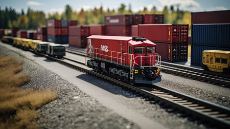 Freight Train Crossing: Long Train Carrying Containers Passing Through an Intersectionの素材