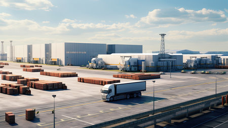 Logistics Park: Warehouses Trucks and Trains Coordinated for Efficient Shippingの素材