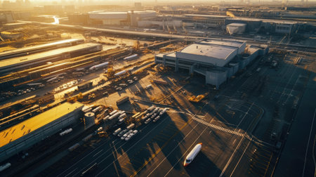 Transportation Hub Aerial View: Plans Trains and Trucks Moving in Harmonyの素材
