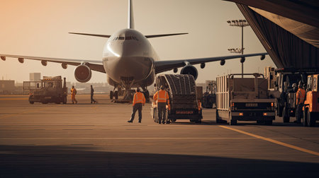 Cargo Aircraft Arrival: Ground Crews Unloading Containers Trucks Waiting for Cargoの素材