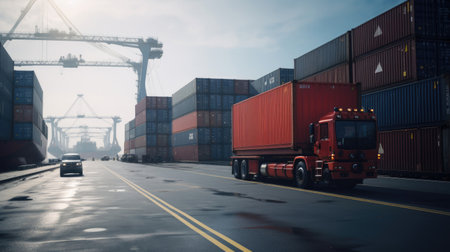 Maritime Cargo Operations: Containers Moved from Ship to Truck for Regional Distributionの素材