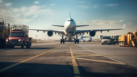 Transcontinental Transport: Cargo Plane Landing at an International Airport Trucks Ready for Loadingの素材