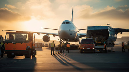 Cargo Aircraft Arrival: Ground Crews Unloading Containers Trucks Waiting for Cargoの素材
