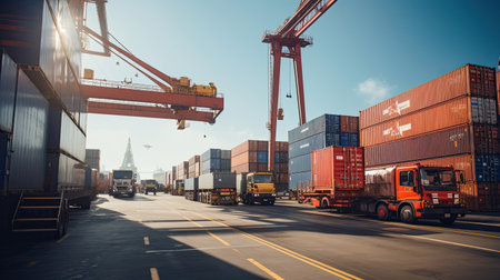 Freight Terminal Operations: Cranes Loading Containers onto Trucks Ready for Distributionの素材