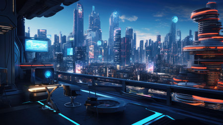 Cyberpunk Gaming Oasis: Futuristic Cityscape Murals LED Accents and High-Tech Gaming Stationsの素材
