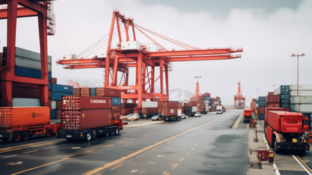 Coastal Logistics Center: Cranes Guiding Containers onto Quayside Trucks Loading for Inland Transportの素材