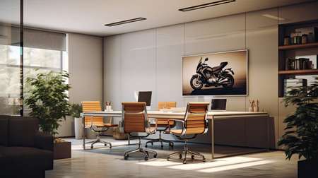 Clean office with motocycling-themed decor.の素材