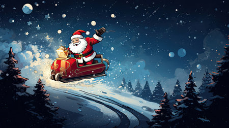 Dynamic Santa rides candy cane-striped rocket sleigh through star-studded galaxy.の素材
