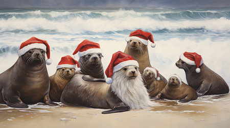 Heartwarming Santa and friendly seals all wearing Santa hats bask on snowy beach.の素材
