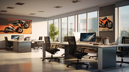 Sleek modern office with motocycling-themed touch.の素材
