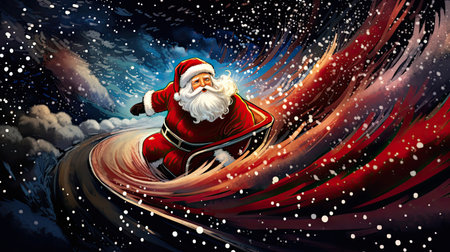 Dynamic Santa rides candy cane-striped rocket sleigh through star-studded galaxy.の素材