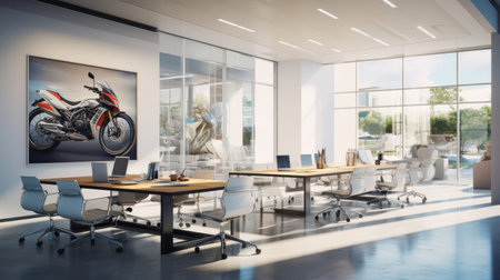 Modern office with motocycling-inspired decor.の素材