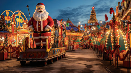 Vibrant Santa next to row of colorful carnival carts filled with toys and treats.の素材