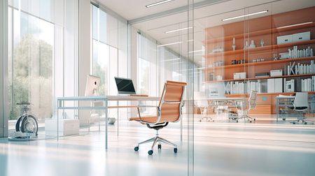 Calm office setting with modern furnishings and a touch of motocycling influence.の素材