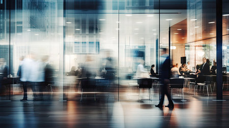 Surreal office space with blurred details and a hint of motocycling decor.の素材