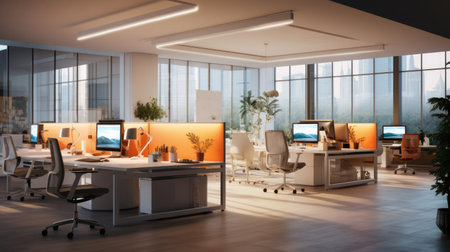 Blurred office with modern sleek setup.の素材