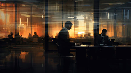 Abstract elegance in an office environment with motocycling-themed decor.の素材