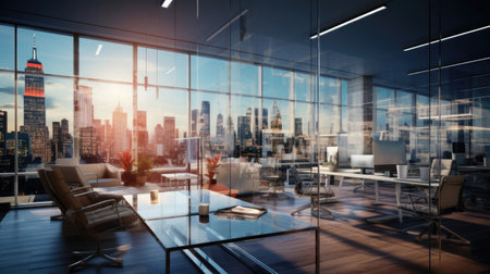 High-tech office with sleek furniture collaborative work areas and a glimpse of cityscapeの素材