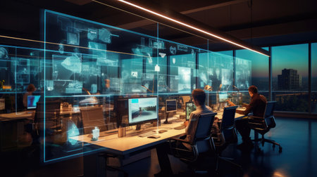 Cutting-edge digital marketing agency's creative space with workstations.の素材