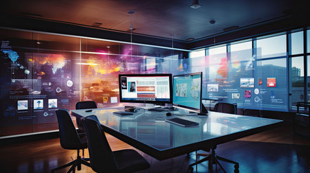 Digital marketing agency's creative space with translucent glass overlay cutting-edge workstations brainstorming boards and digital marketing trendsの素材