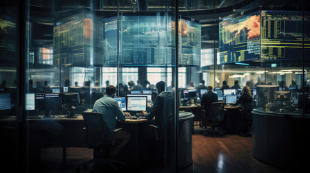 Finance firm's trading floor through translucent glass array of computer screens busting traders and dynamic stock market tickersの素材