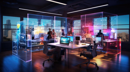 Digital marketing agency's creative space translucent glass overlay cutting-edge workstations brainstorming boards and digital marketing trendsの素材
