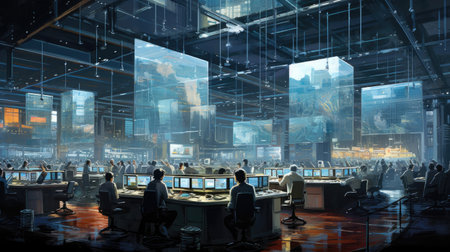 Bank institution's trading floor computer terminals bustling traders focused intensityの素材