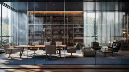 Law firm's office refined meeting areas private offices library filled with legal volumesの素材
