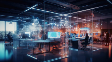 Tech company's R&D lab frosted glass assortment of high-tech equipment workstations and seamless integration of tech and designの素材