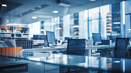 Heavily blurred office background for tech or business websitesの素材
