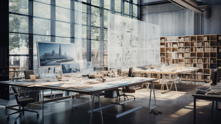 Innovative architecture firm's studio with drafting tables and design prototypes.の素材