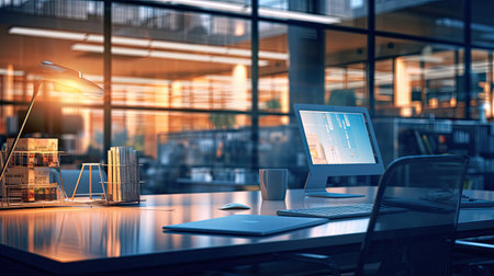 Obscured office background for tech or business websitesの素材