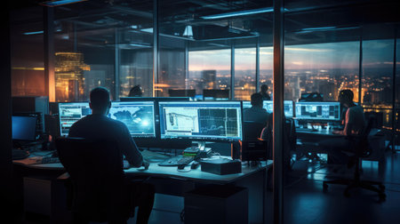 Cybersecurity command center with monitoring stations and expertsの素材