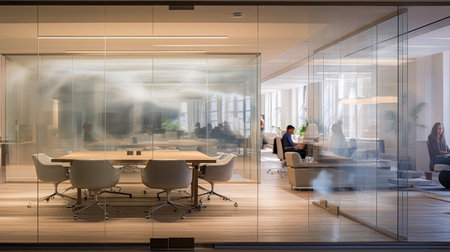 Dynamic venture capital firm's office with meeting spaces and workstations.の素材
