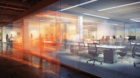 Software development hub with standing desks and collaborative workspaces.の素材